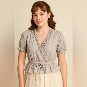 Disney Beauty and the Beast Rose Embroidered Wrap Top Gingham Check Blouse 2X